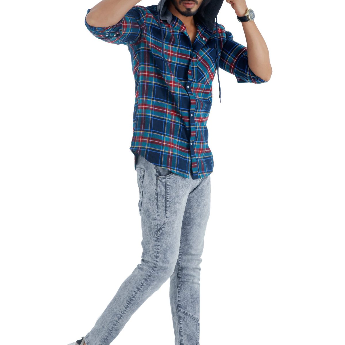 Check Flannel Shirt with Knit Hoodie and Denim Long Pant