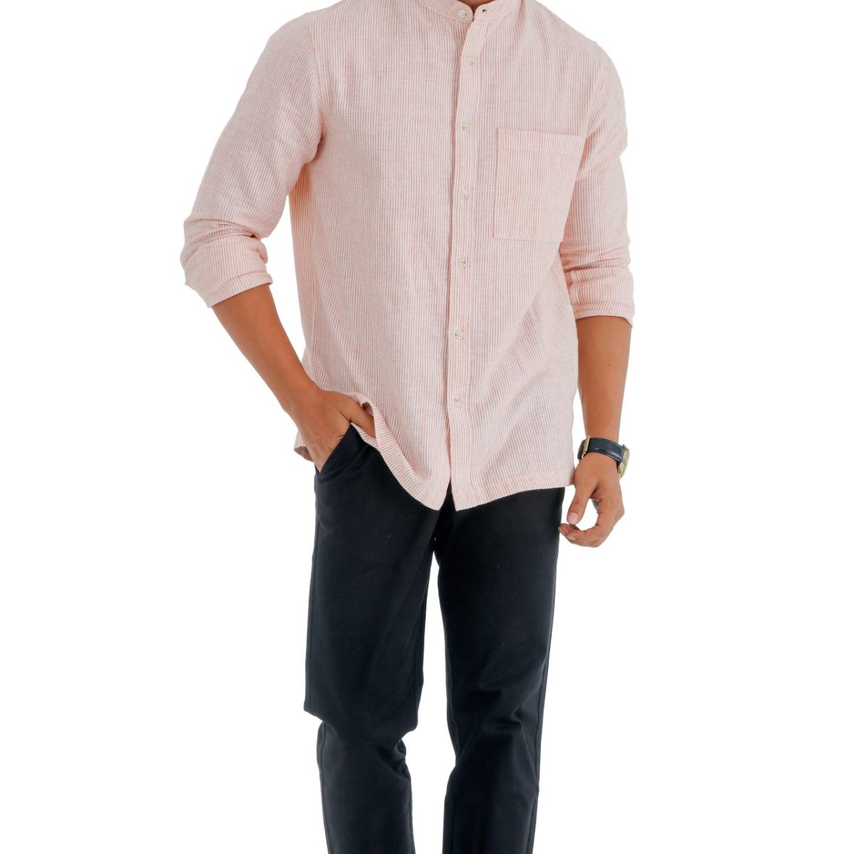 Long Sleeve Band Collar shirt and Men’s Coated Twill Long Pant