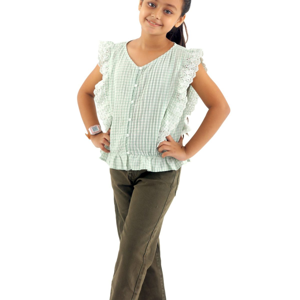 Top with broderie ruffle detail and front button closure and Garment dyed twill pant
