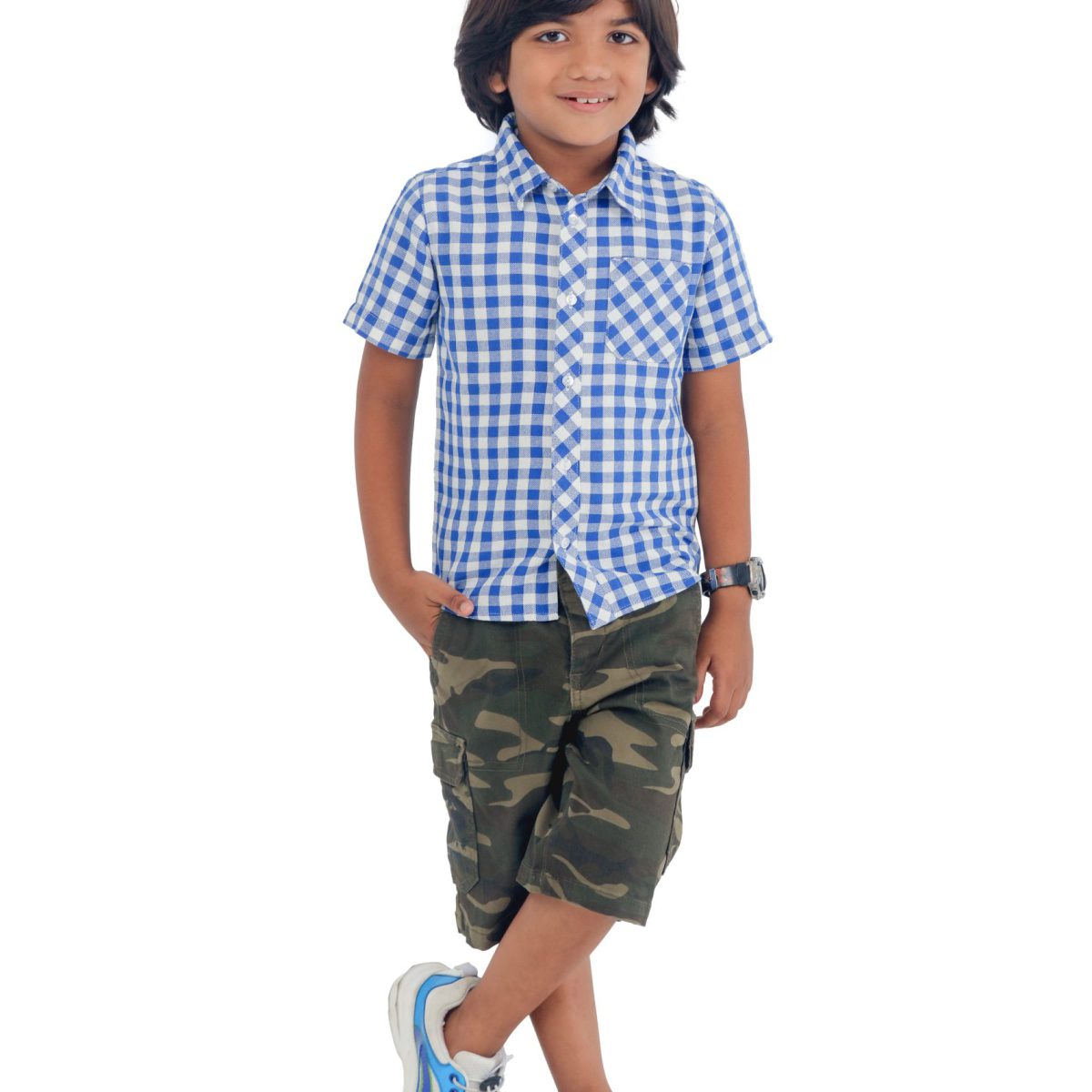 Short Sleeve Check Shirt and Camouflage Cargo Short