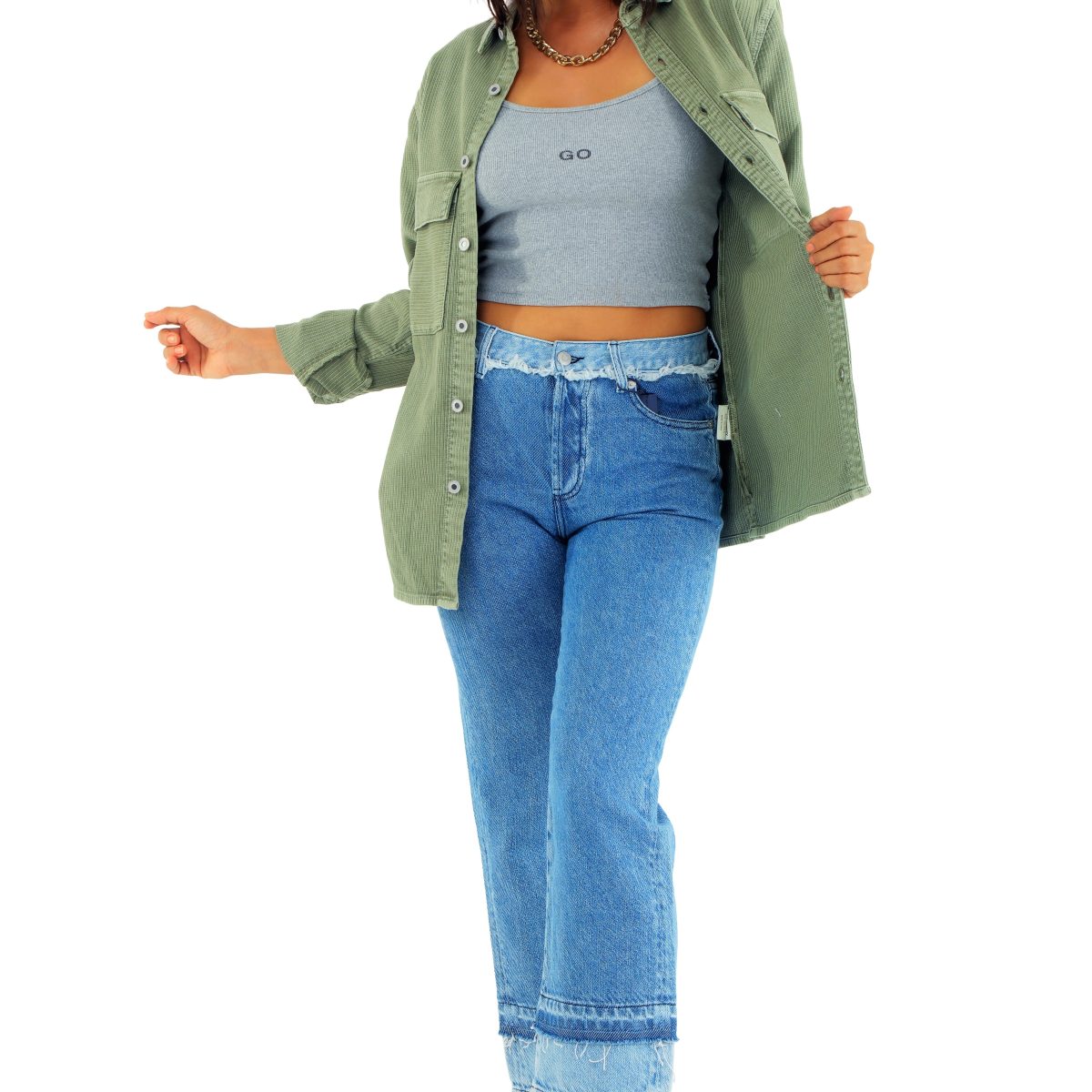 Overdyed Shacket with 2 flap pockets and Upcycled 5 pocket denim pant