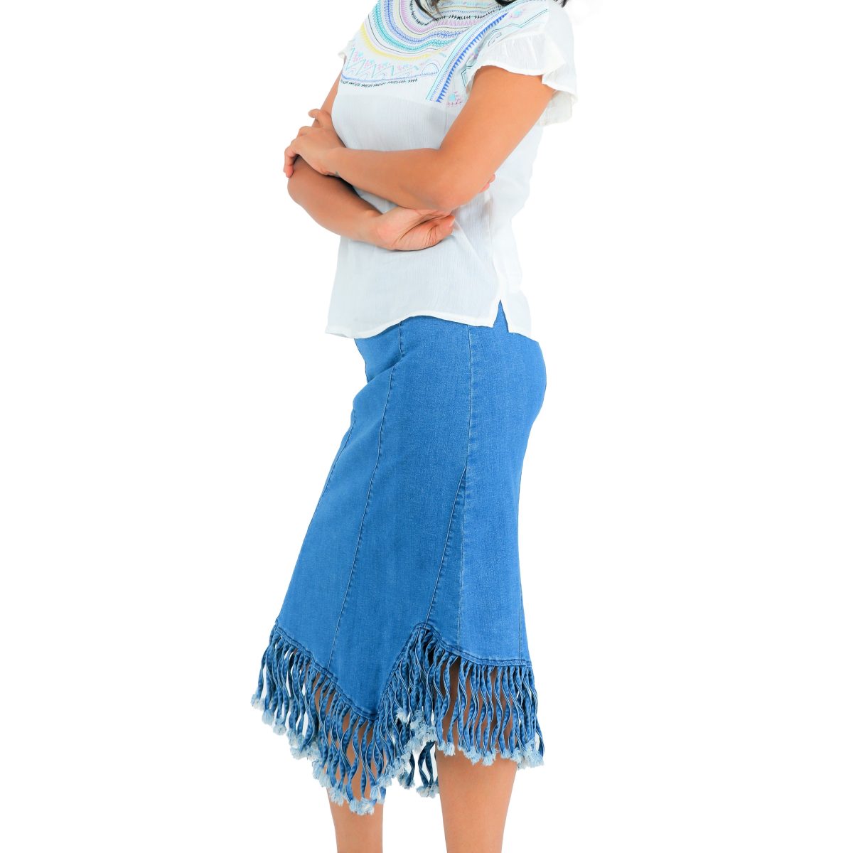 Short sleeve top with embroidery detail and Denim Skirt with fringe detail