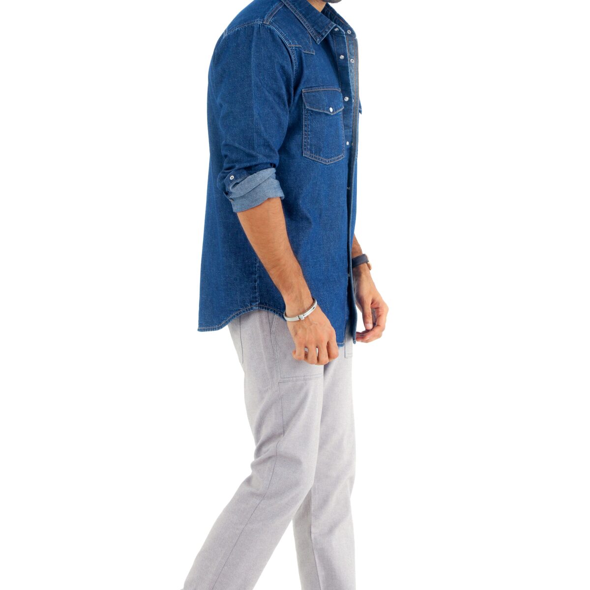 Denim Shirt with 2 Flap Pockets and Twill Long Chino