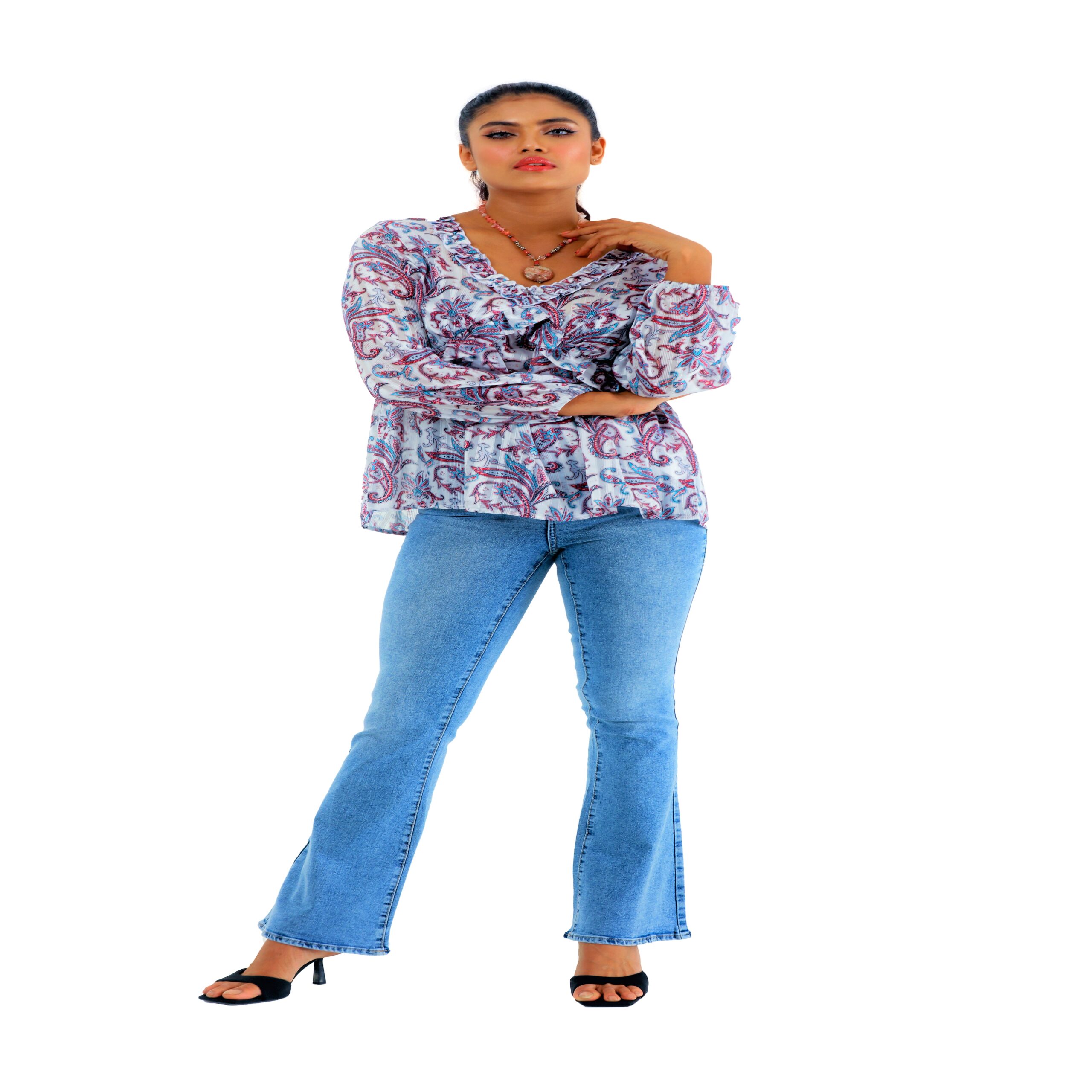 V neck with ruffle detail top and Bootcut Denim Pant